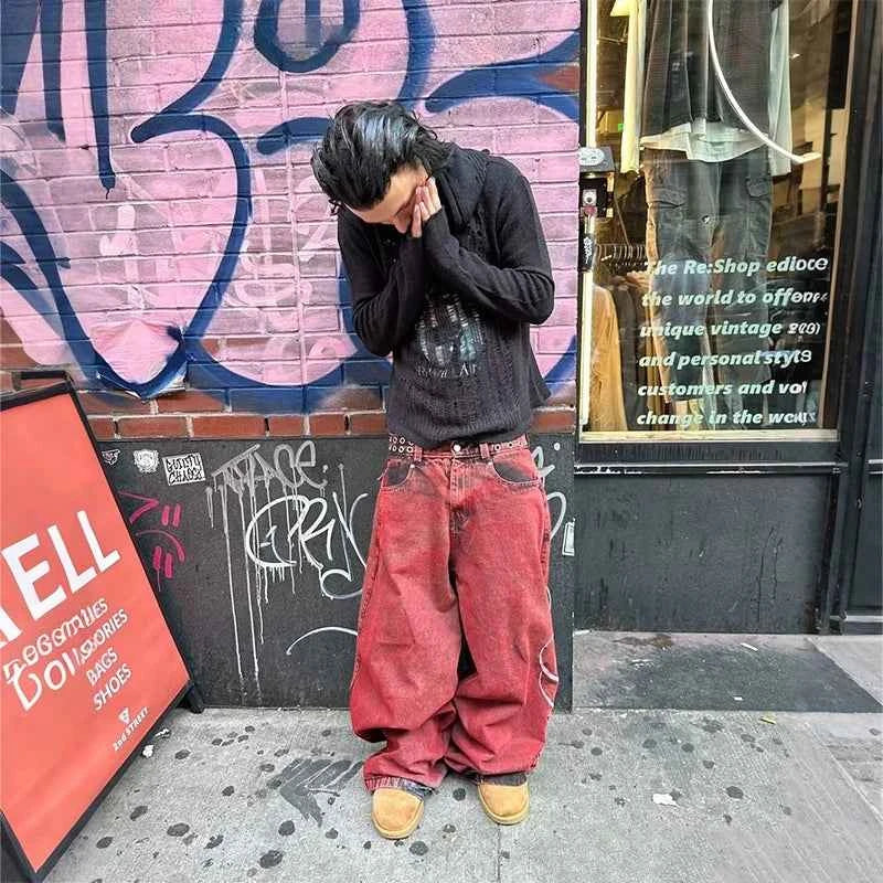 Y2K Wide Leg Jeans - Vintage Letter Print Hip Hop