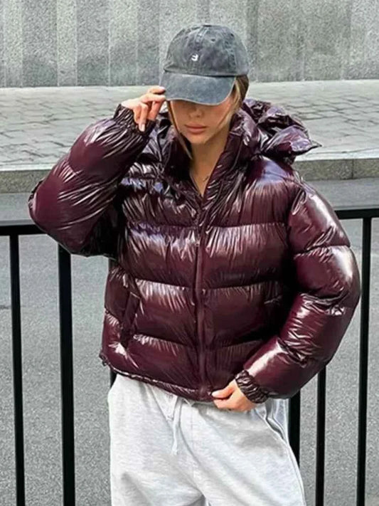 Glossy Padded Puffer Jacket - Women's Winter Coat