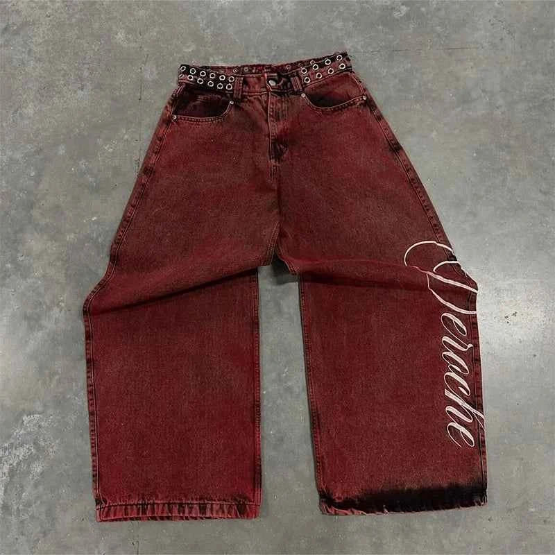 Y2K Wide Leg Jeans - Vintage Letter Print Hip Hop