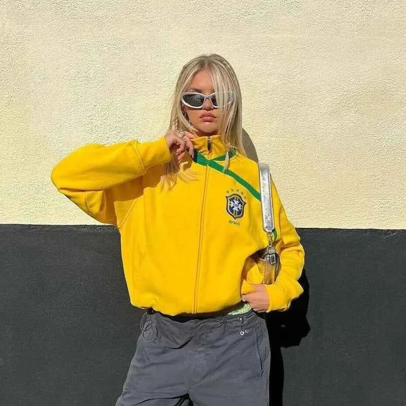 Brazil Embroidery Zip Hoodie - Y2K Grunge