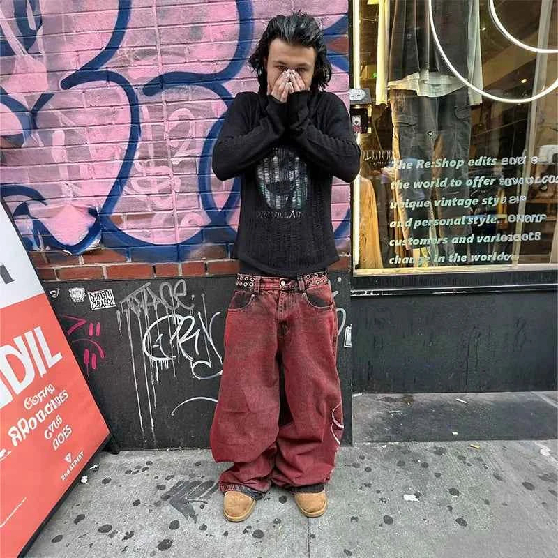 Y2K Wide Leg Jeans - Vintage Letter Print Hip Hop