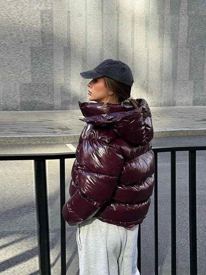 Glossy Padded Puffer Jacket - Women's Winter Coat