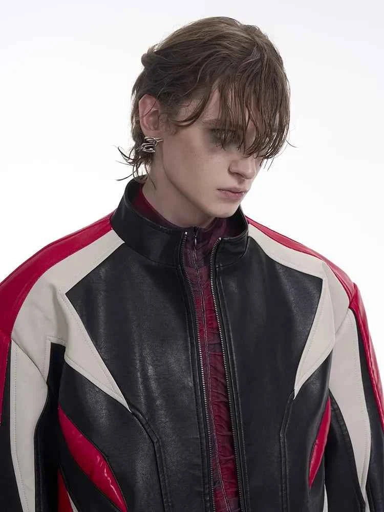 Color Block Leather Racer Jacket - Designer Style