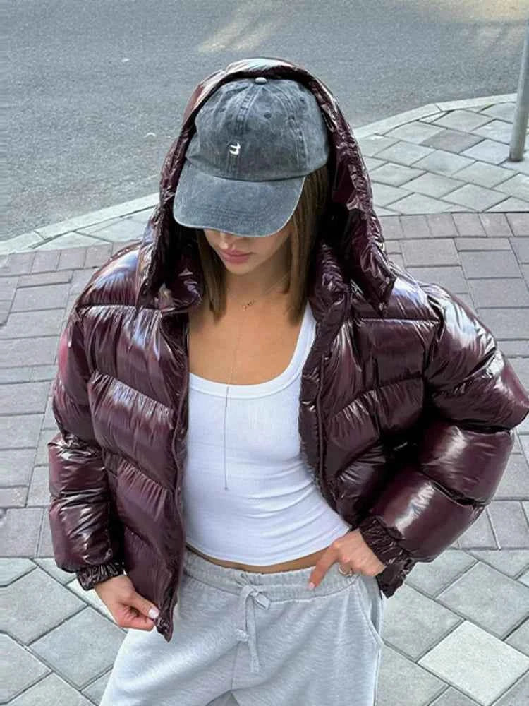 Glossy Padded Puffer Jacket - Women's Winter Coat