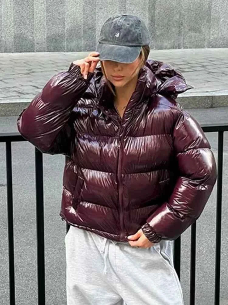 Glossy Padded Puffer Jacket - Women's Winter Coat