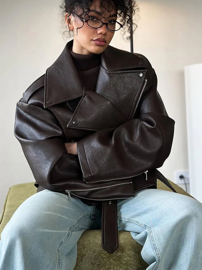 Dark Red Leather Jacket - Women's Lace-Up Zipper Coat