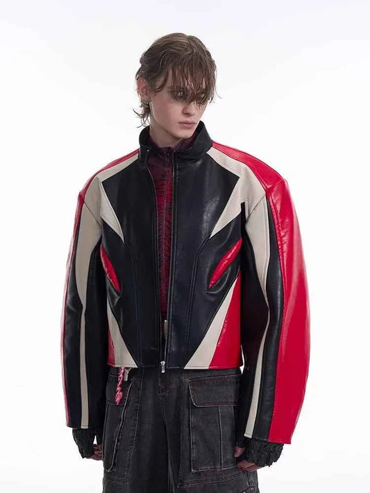 Color Block Leather Racer Jacket - Designer Style