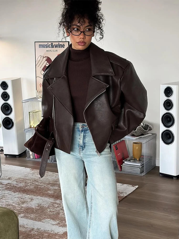 Dark Red Leather Jacket - Women's Lace-Up Zipper Coat