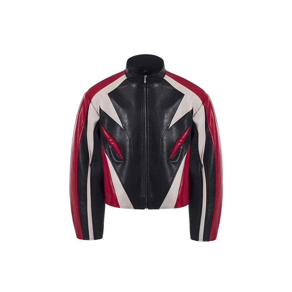 Color Block Leather Racer Jacket - Designer Style