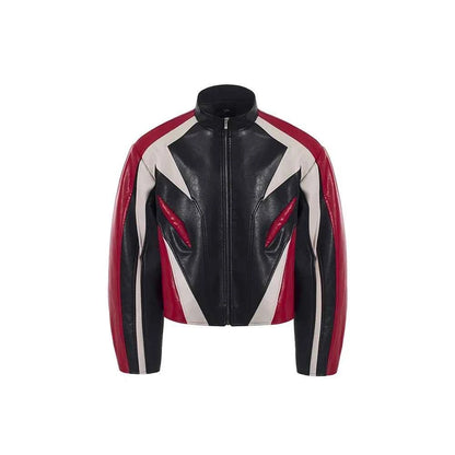 Color Block Leather Racer Jacket - Designer Style