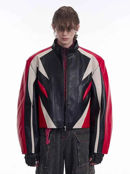 Color Block Leather Racer Jacket - Designer Style