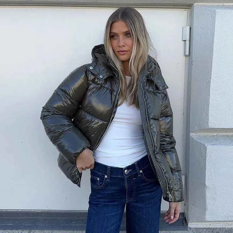 Glossy Padded Puffer Jacket - Women's Winter Coat