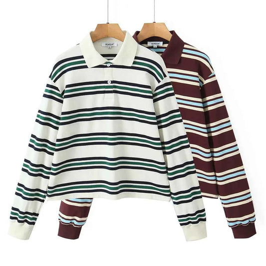 Striped Polo Crop Top - Vintage Streetwear