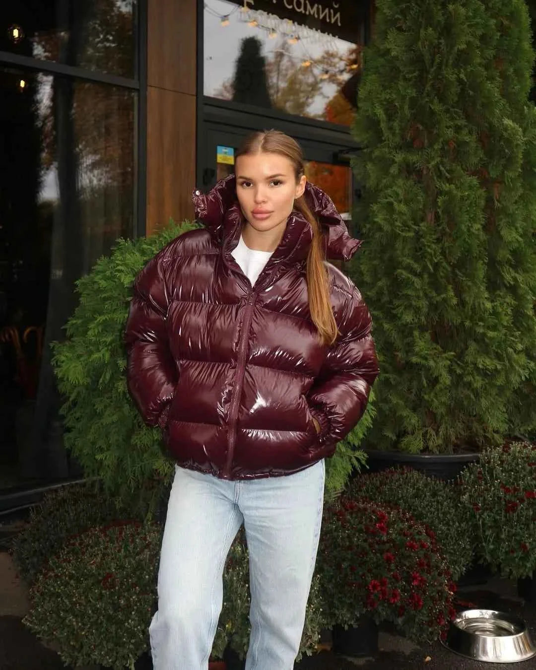 Glossy Padded Puffer Jacket - Women's Winter Coat