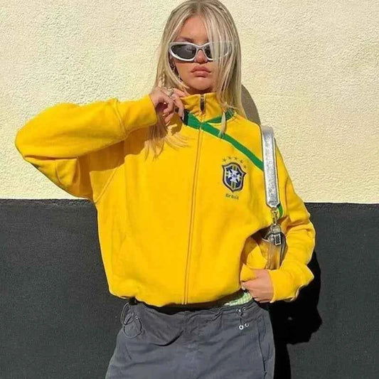 Brazil Embroidery Zip Hoodie - Y2K Grunge