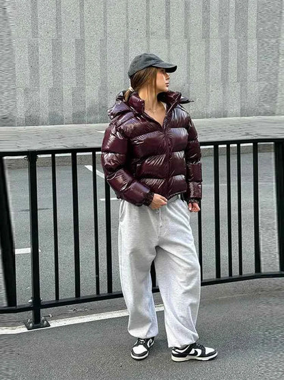 Glossy Padded Puffer Jacket - Women's Winter Coat