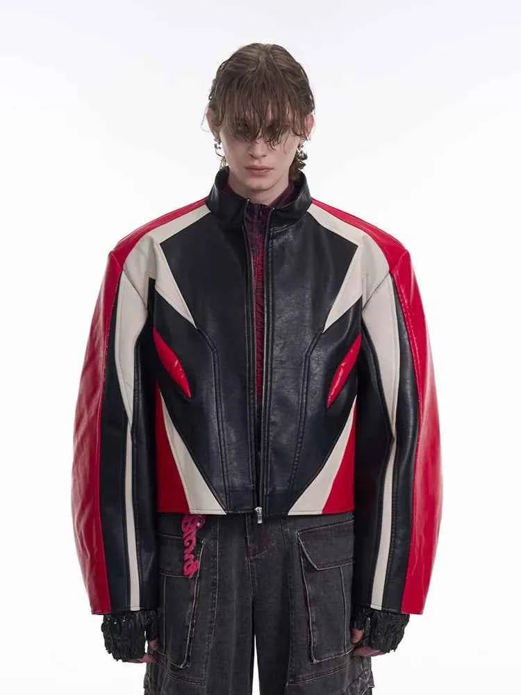 Color Block Leather Racer Jacket - Designer Style