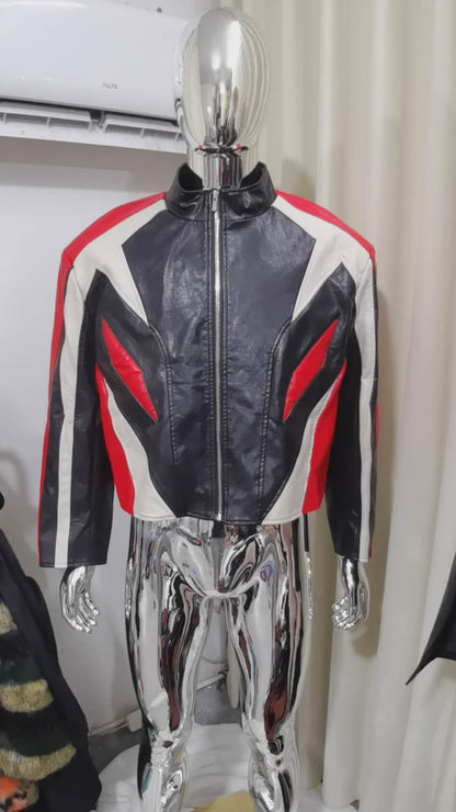 Color Block Leather Racer Jacket - Designer Style