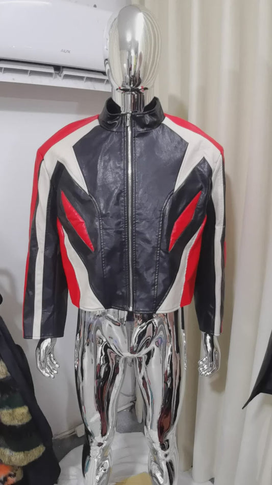 Color Block Leather Racer Jacket - Designer Style